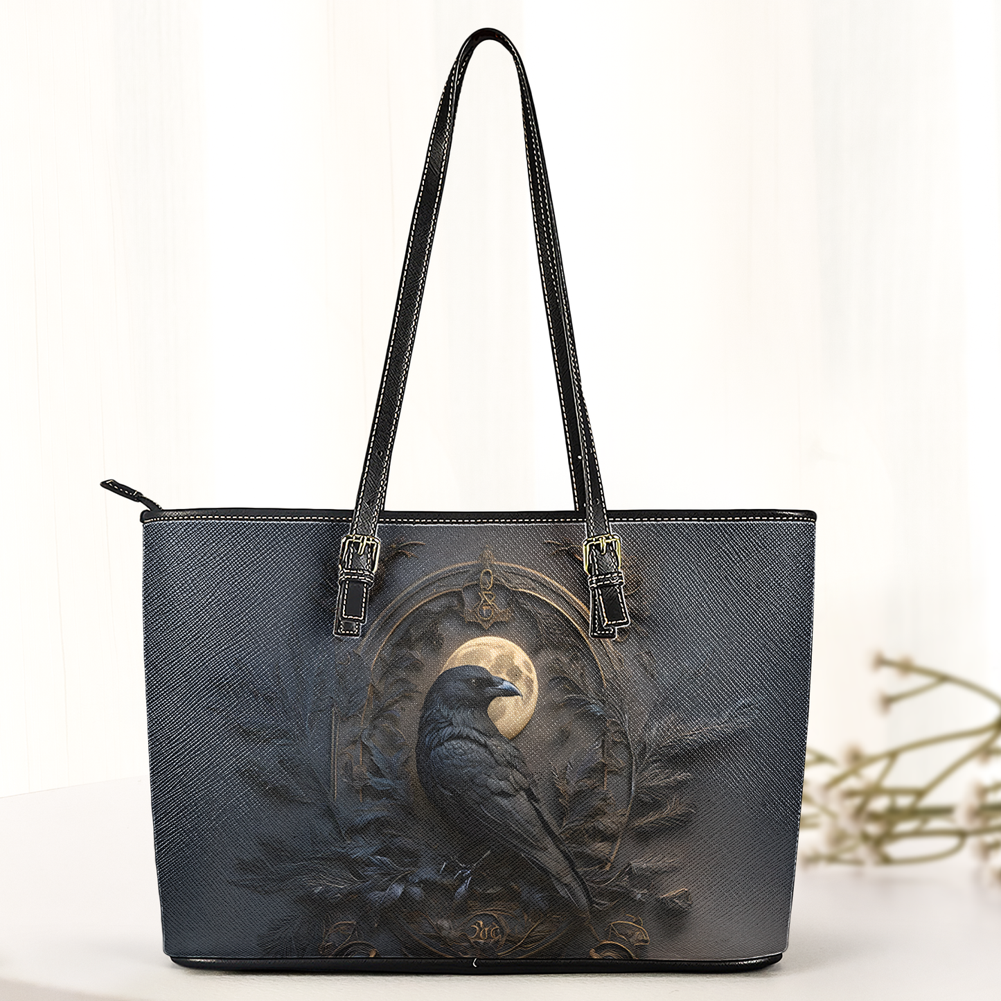 Gothic Raven & Moon Leather Handbag & Wallet Set – Dark Fantasy Elegance