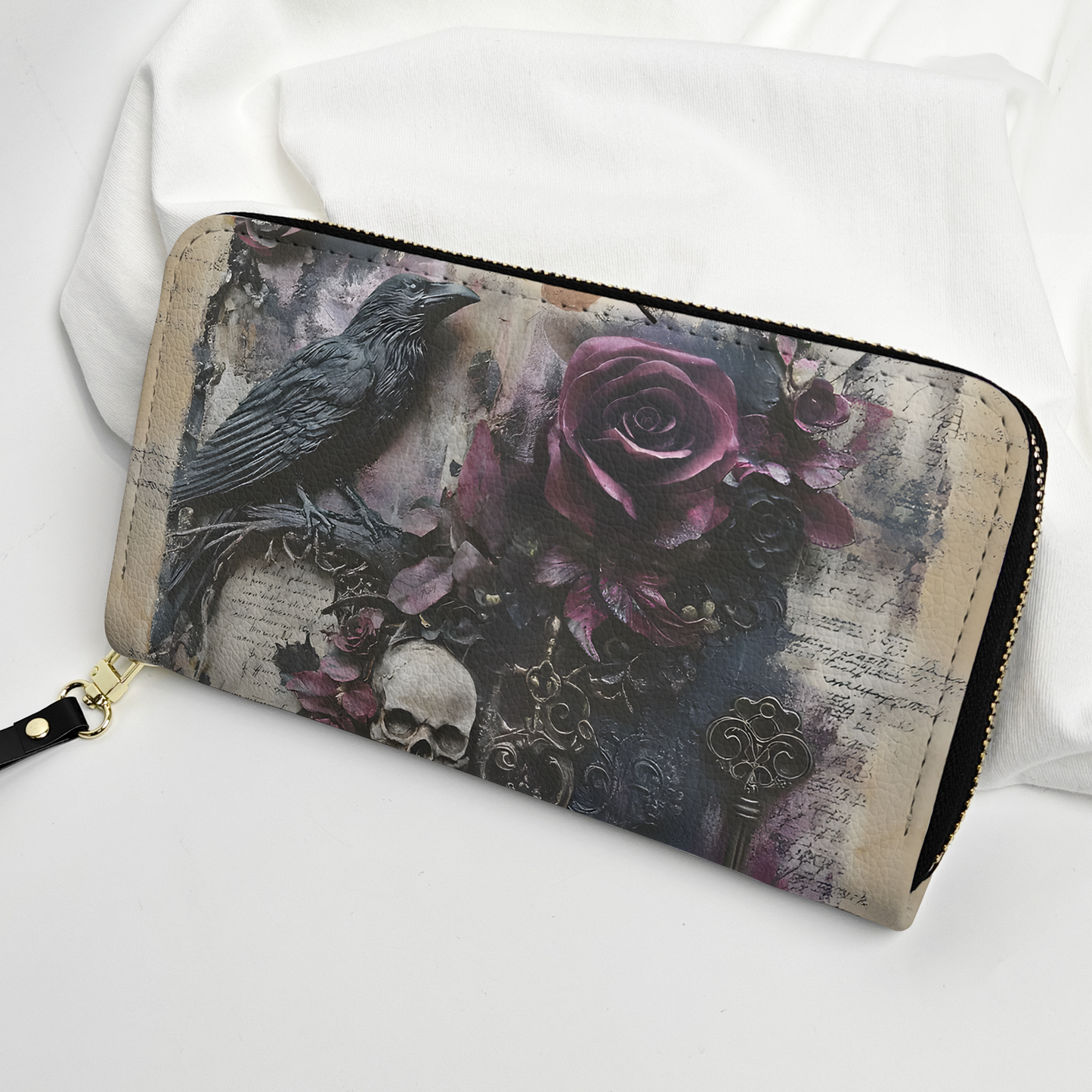 Gothic Rose & Raven Leather Handbag with Vintage Skull and Key Accents