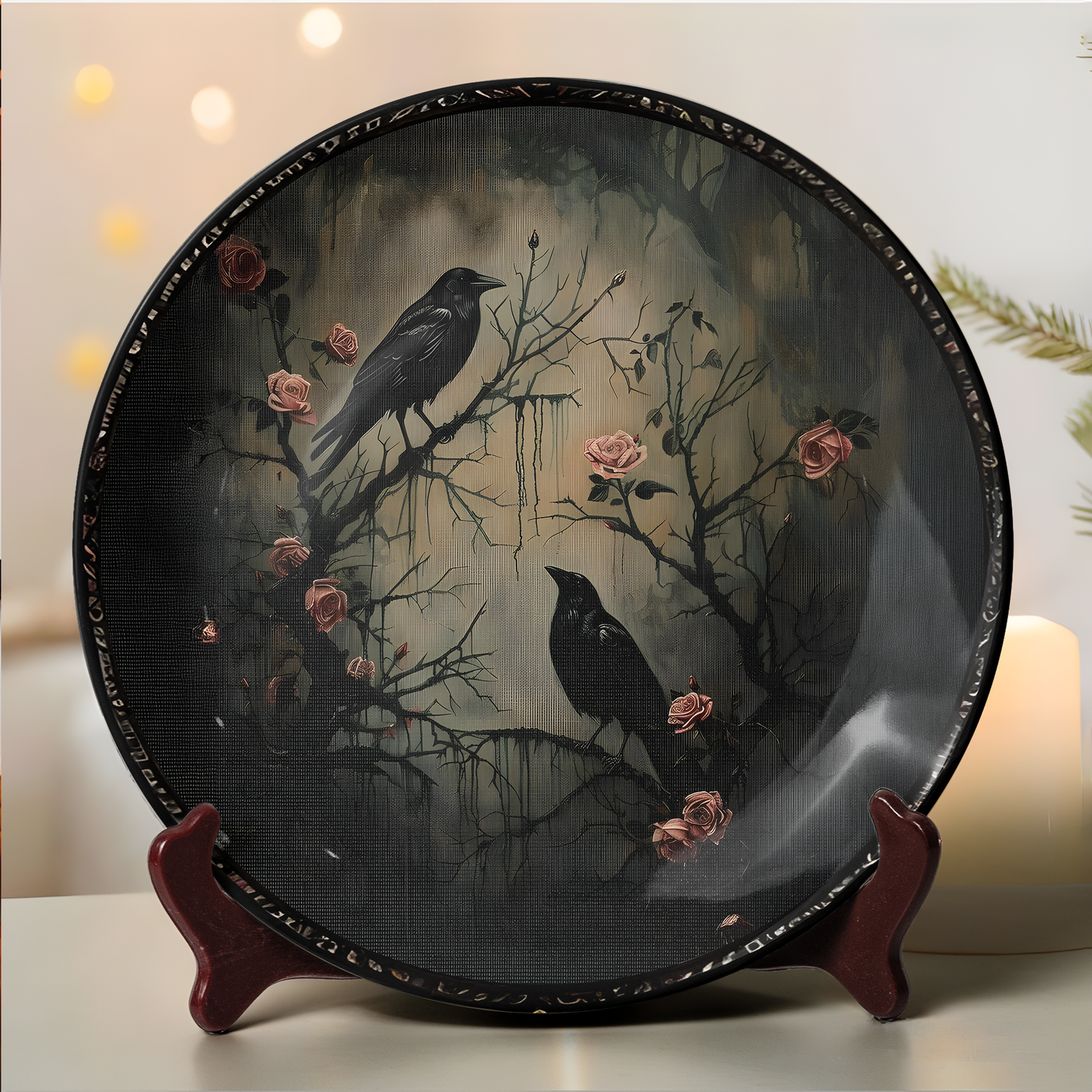 Raven & Roses Gothic Decorative Ceramic Plate – Dark Romantic Elegance
