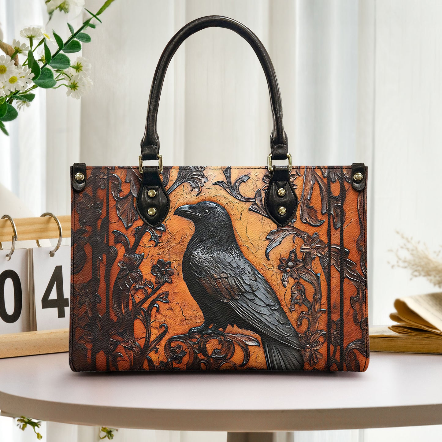 Vintage Gothic Raven Leather Handbag & Wallet Set - Dark Elegance in Gothic Style