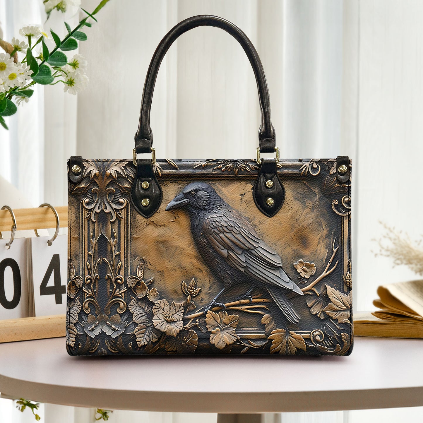 Vintage Gothic Raven Leather Handbag & Wallet Set – Mystical Elegance in Dark Style