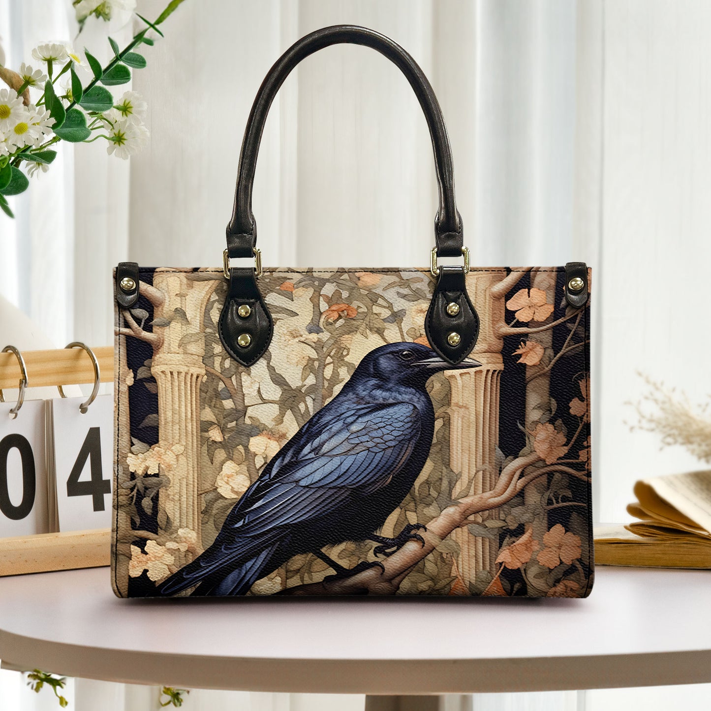Gothic Raven Laether Handbag with Ancient Ruins Design