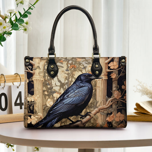 Gothic Raven Laether Handbag with Ancient Ruins Design