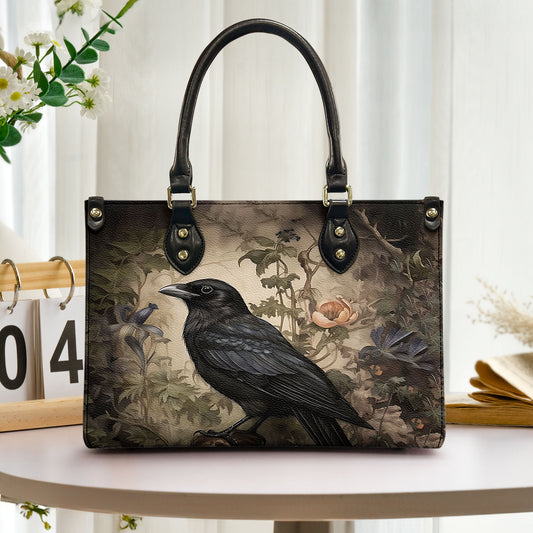 Vintage Raven Leather Handbag with Enchanted Garden Design