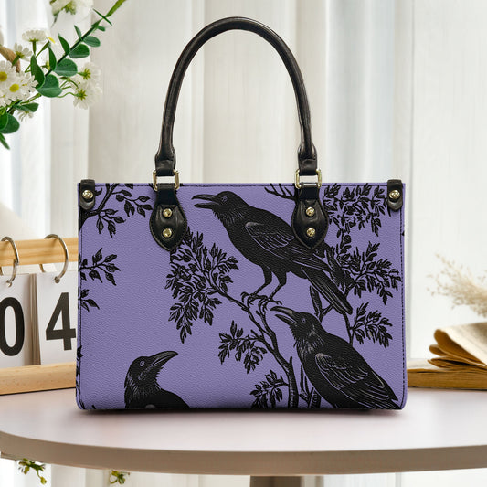 Purple Raven Leather Tote Bag with Matching Wallet – Gothic Aesthetic Handbag Set