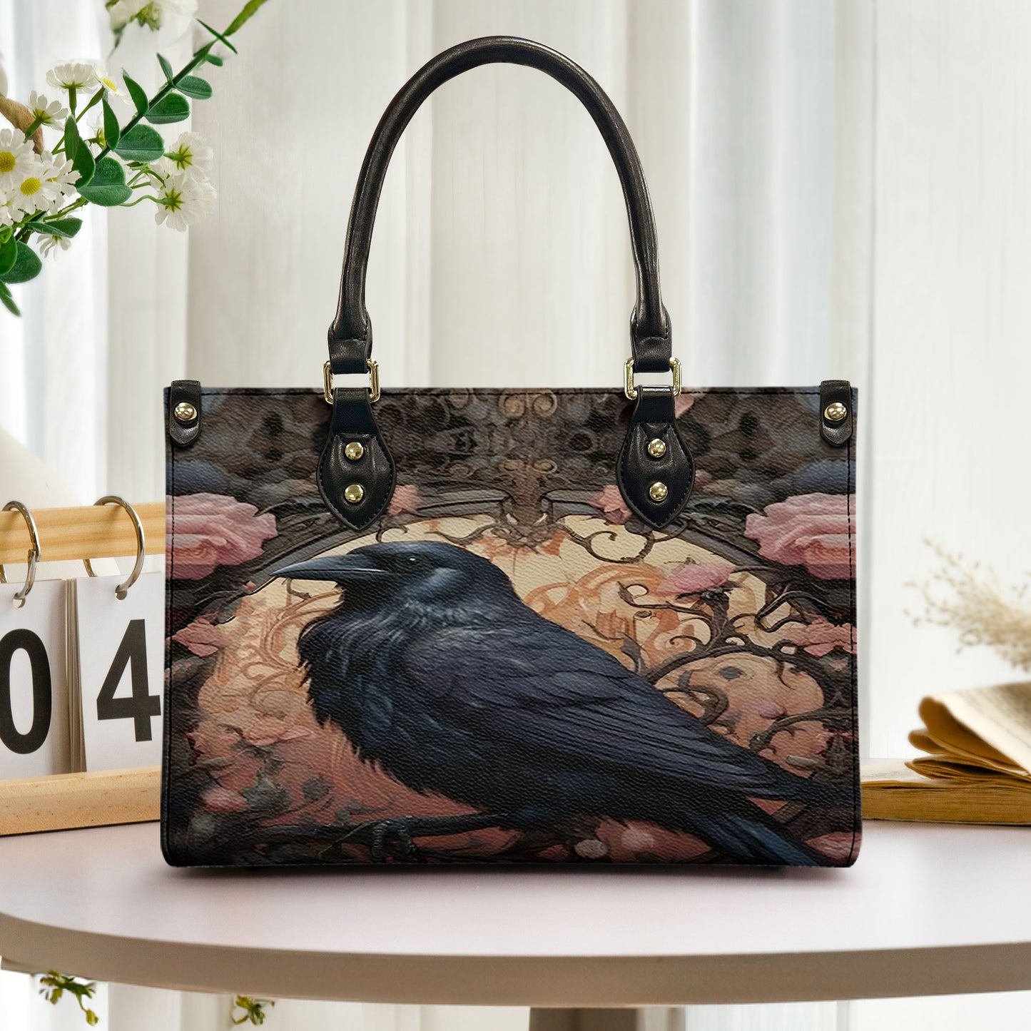 The Silent Raven Leather Handbag & Wallet Set – Gothic Grace in Shadowed Bloom