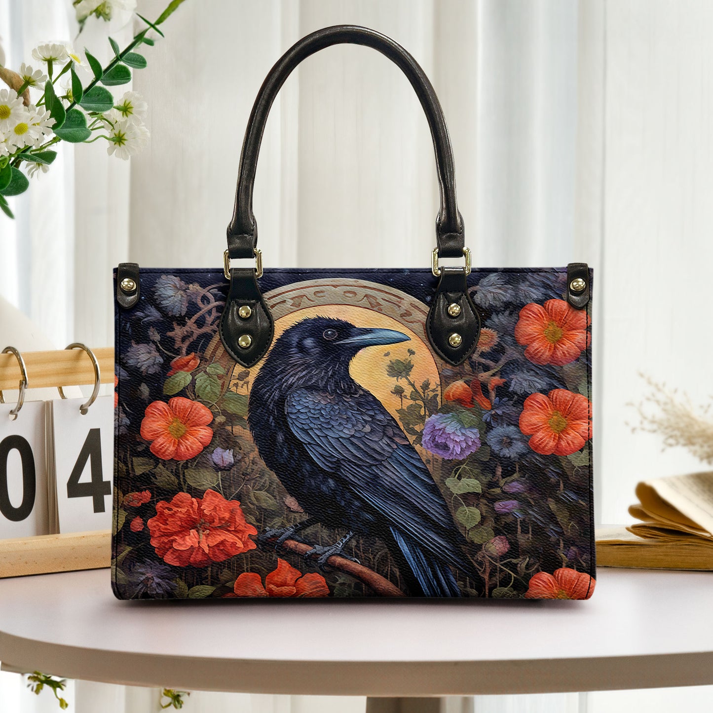 Nevermore Raven Leather Handbag & Wallet Set – Gothic Elegance in Bloom