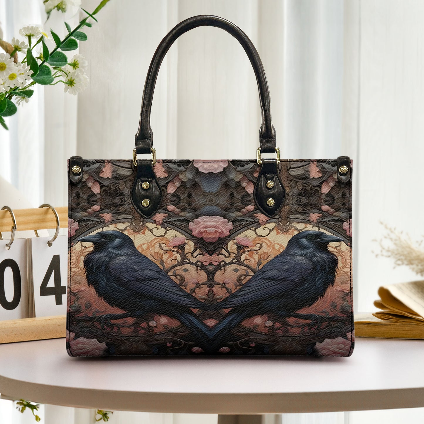 Gothic Raven Roses Leather Handbag & Wallet Set – Dark Romance Elegance