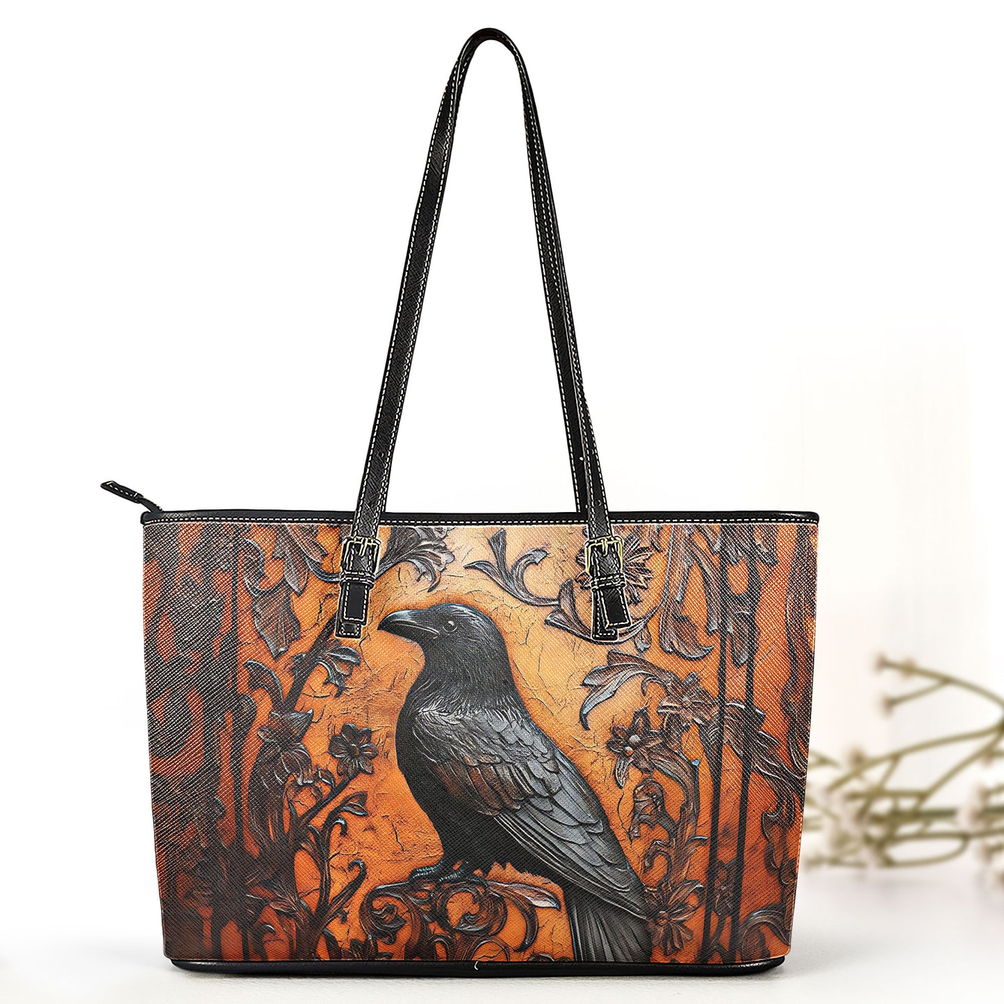 Vintage Gothic Raven Leather Handbag & Wallet Set - Dark Elegance in Gothic Style