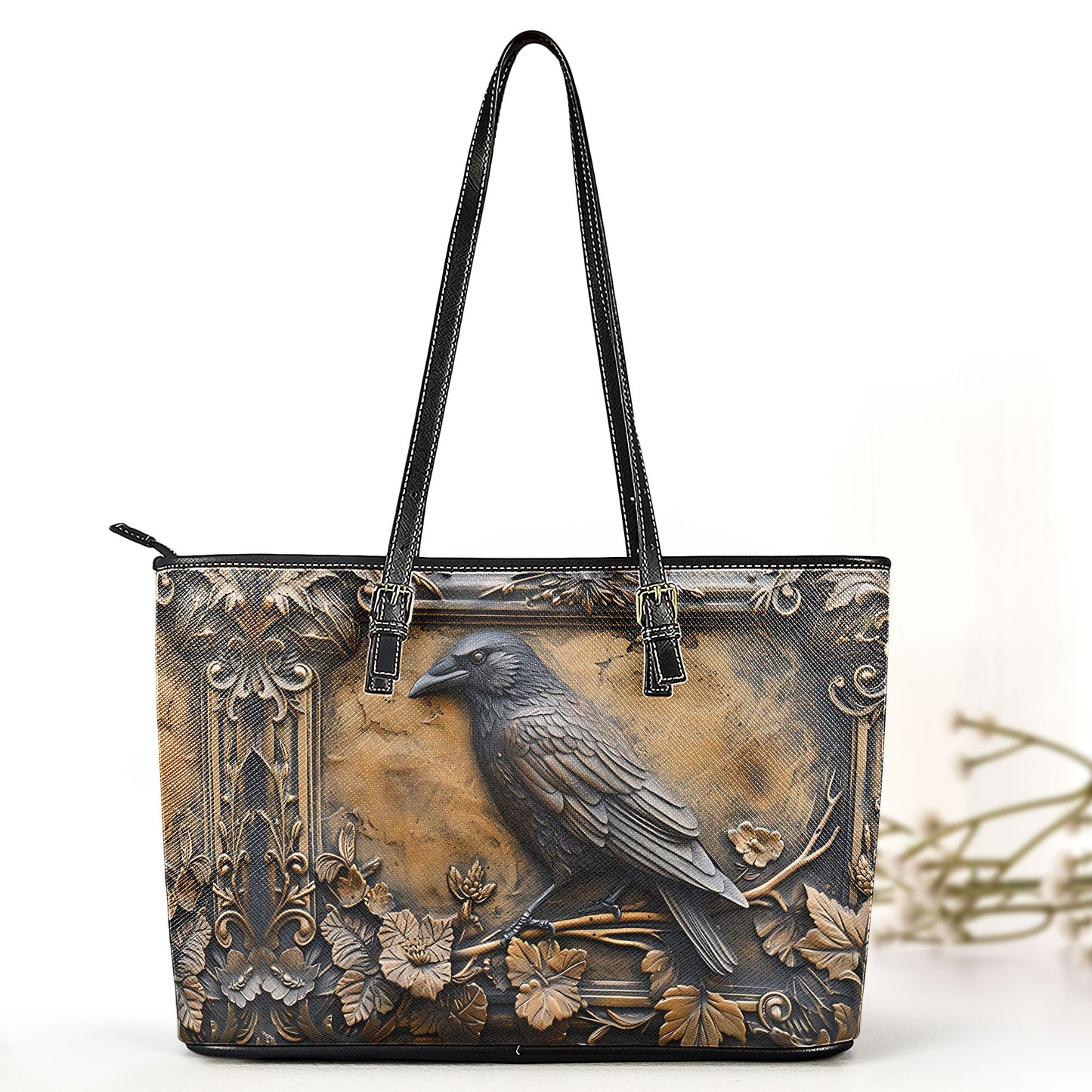 Vintage Gothic Raven Leather Handbag & Wallet Set – Mystical Elegance in Dark Style