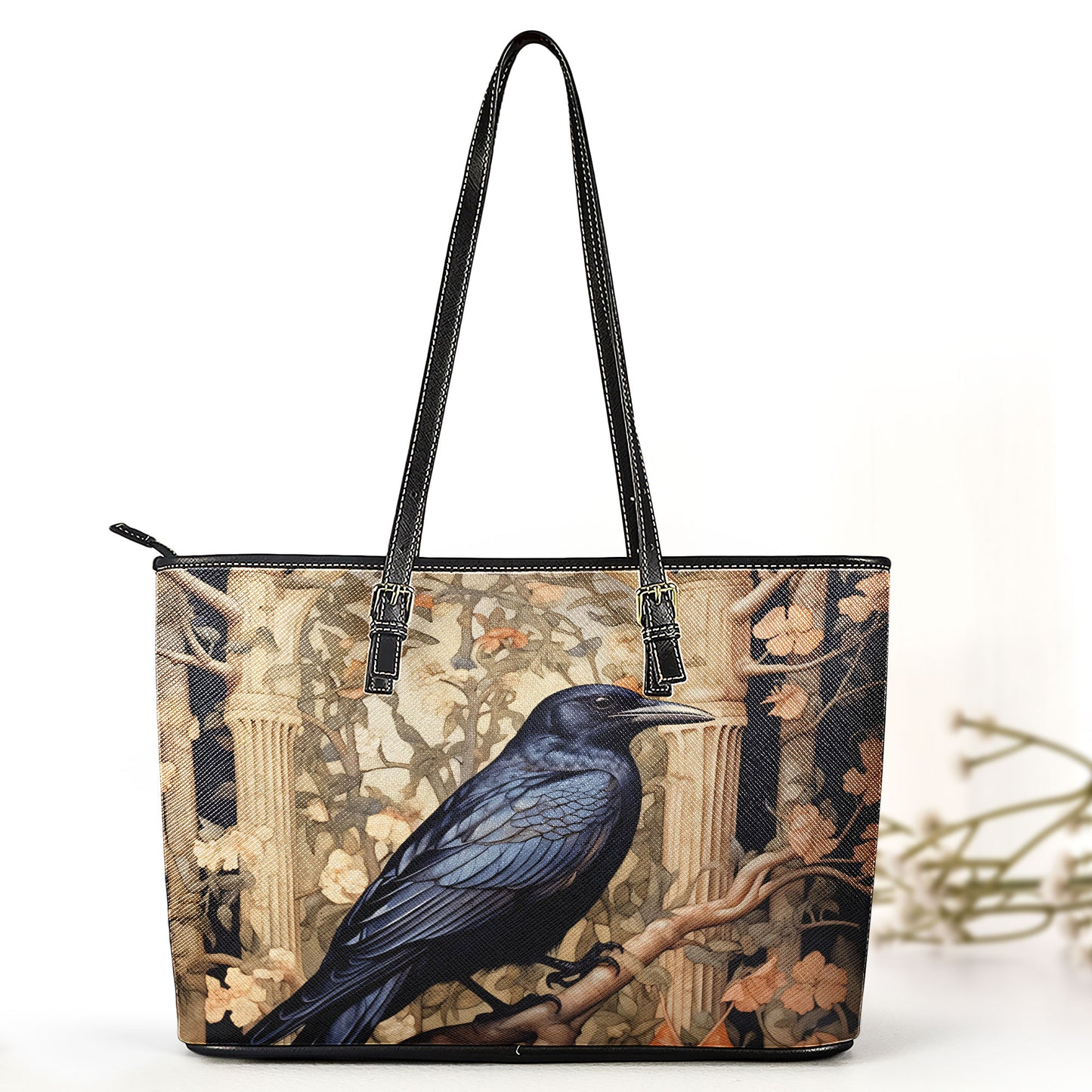 Gothic Raven Laether Handbag with Ancient Ruins Design