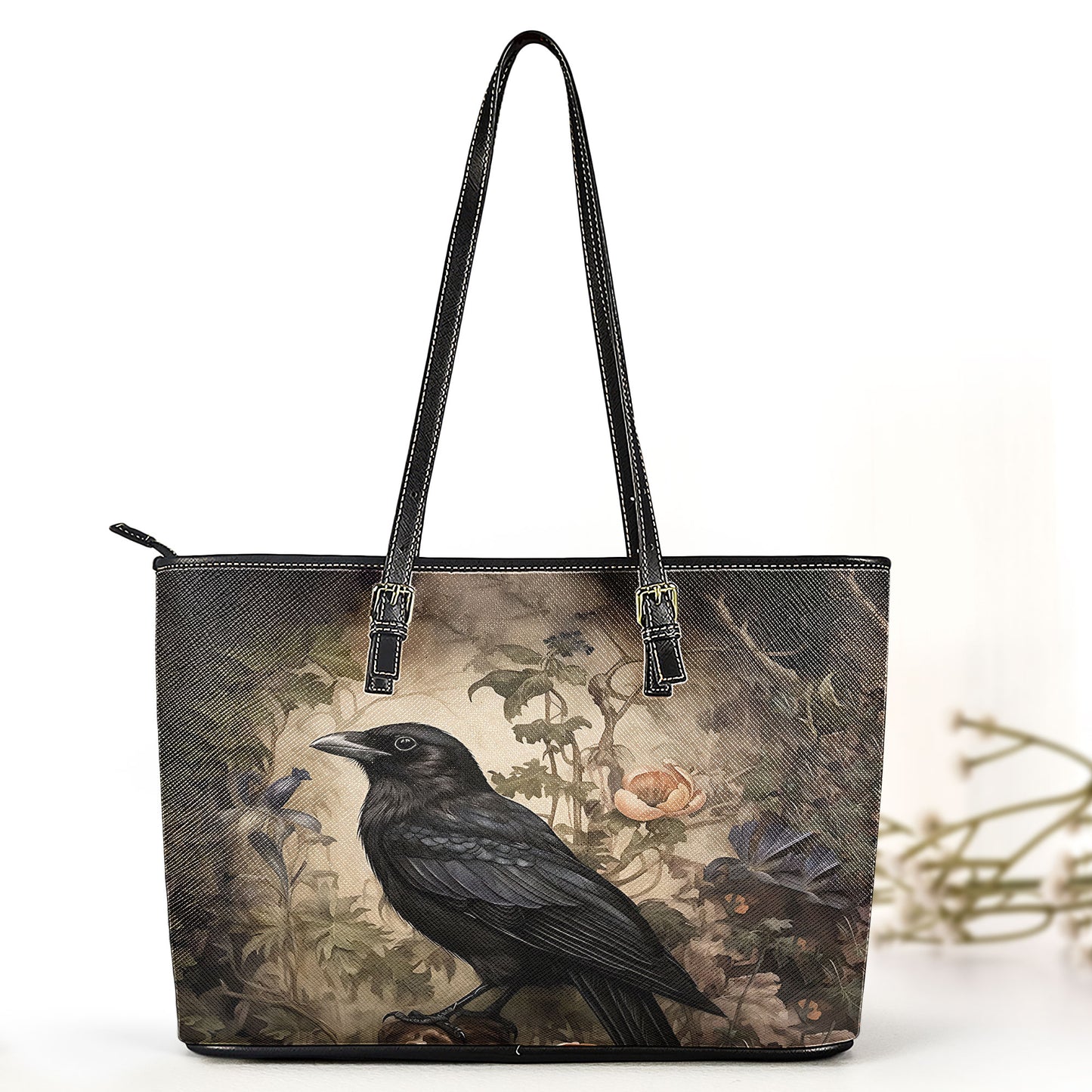 Vintage Raven Leather Handbag with Enchanted Garden Design