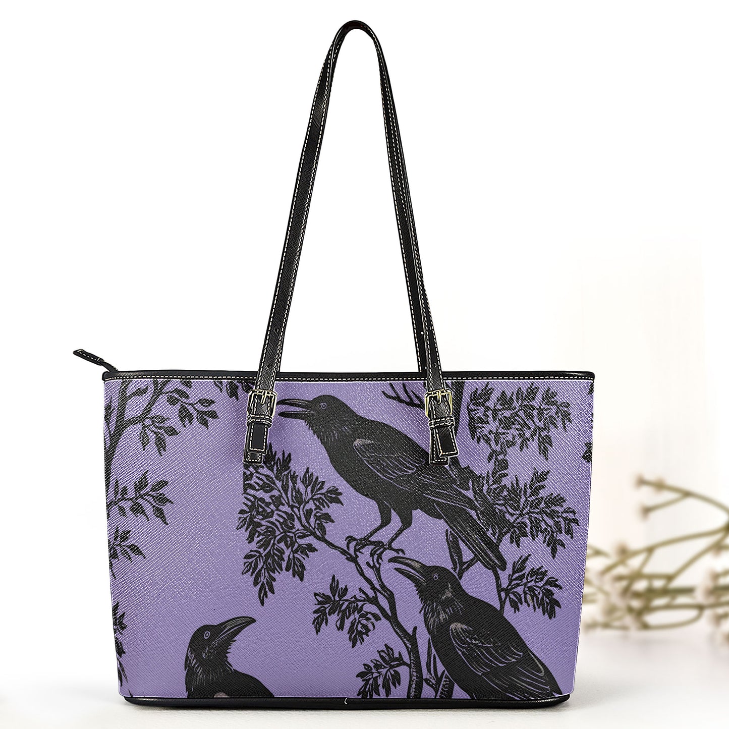 Purple Raven Leather Tote Bag with Matching Wallet – Gothic Aesthetic Handbag Set
