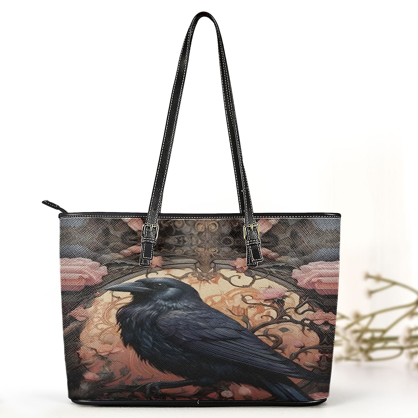 The Silent Raven Leather Handbag & Wallet Set – Gothic Grace in Shadowed Bloom