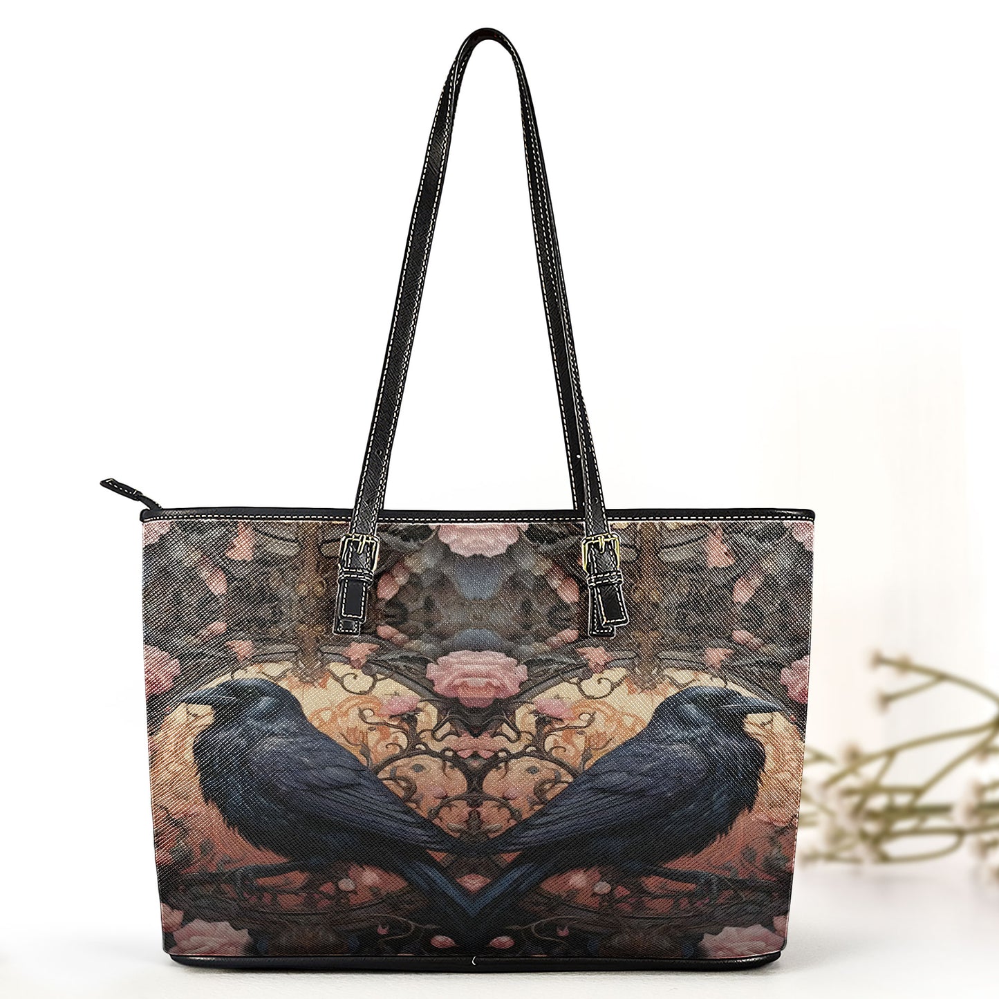 Gothic Raven Roses Leather Handbag & Wallet Set – Dark Romance Elegance