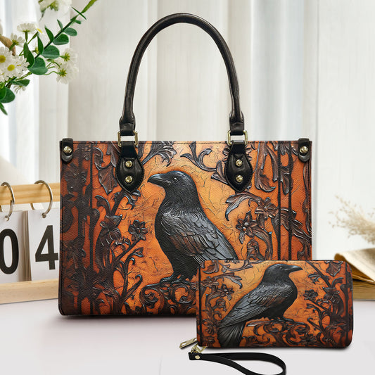 Vintage Gothic Raven Leather Handbag & Wallet Set - Dark Elegance in Gothic Style