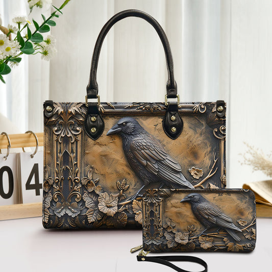 Vintage Gothic Raven Leather Handbag & Wallet Set – Mystical Elegance in Dark Style