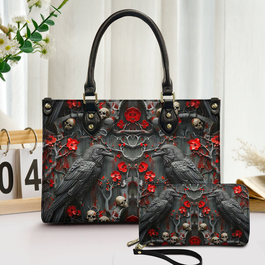 Gothic Raven & Skull Gothic Leather Handbag & Wallet Set