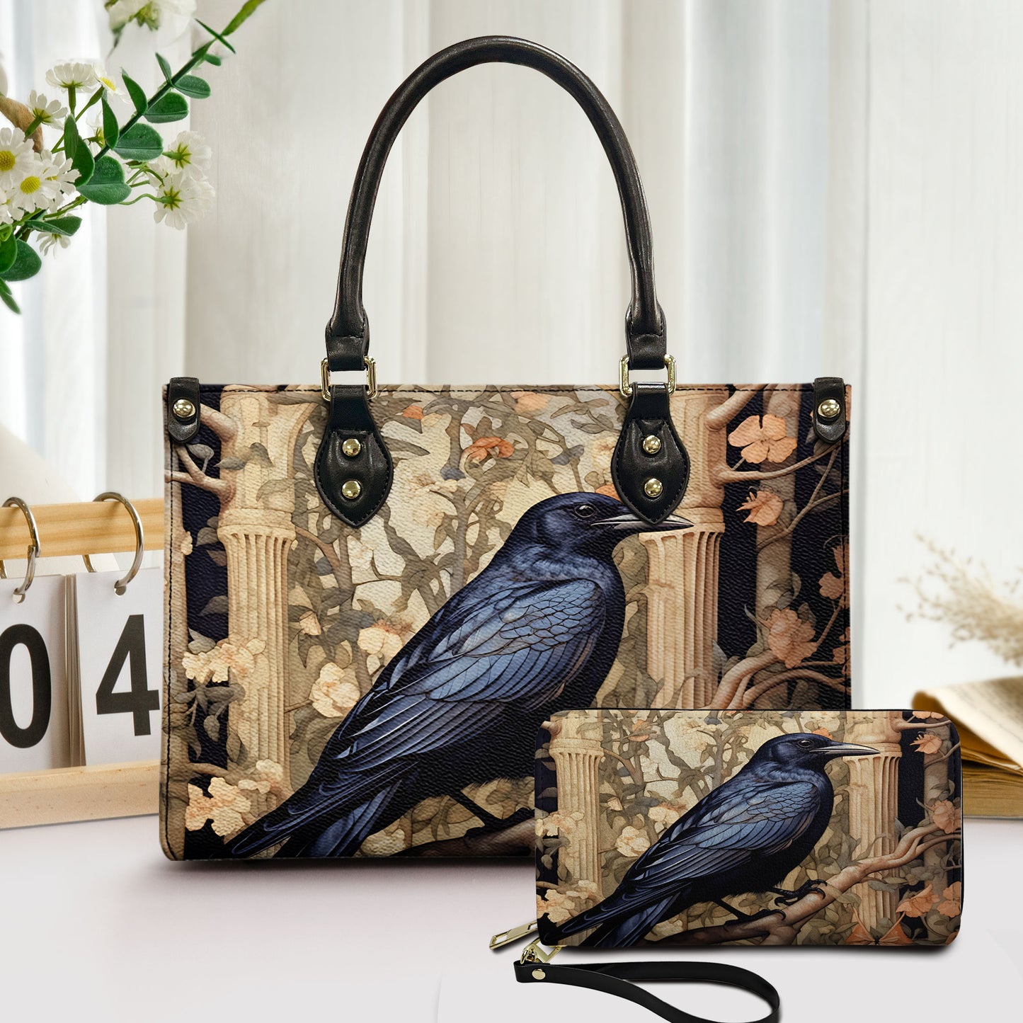 Gothic Raven Laether Handbag with Ancient Ruins Design