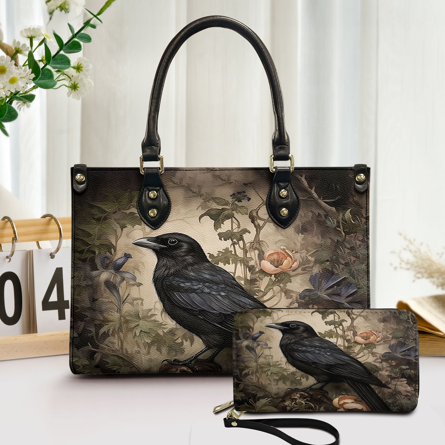 Vintage Raven Leather Handbag with Enchanted Garden Design