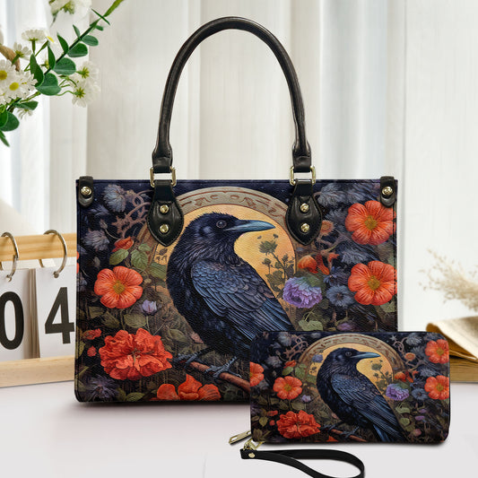 Nevermore Raven Leather Handbag & Wallet Set – Gothic Elegance in Bloom