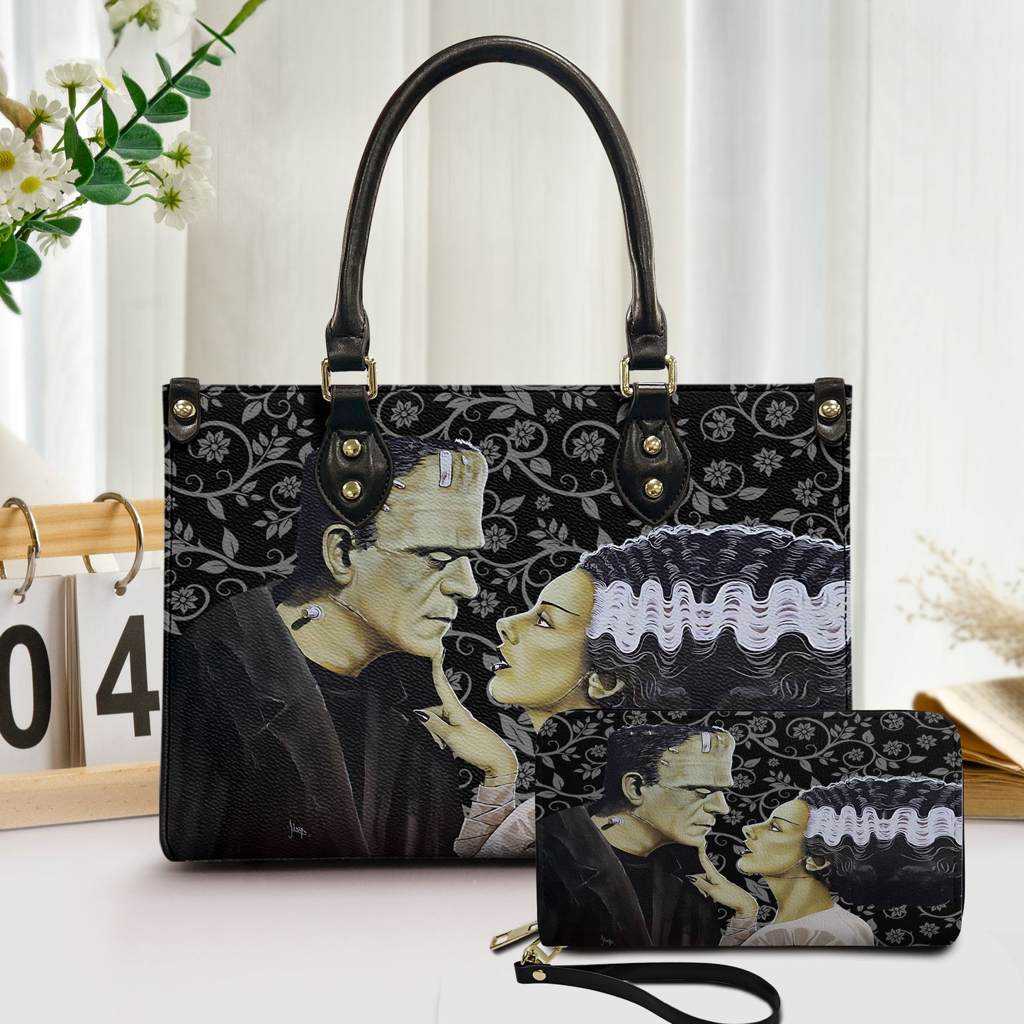 Frankenstein & Bride Gothic Leather Handbag & Wallet Set – Classic Horror Love