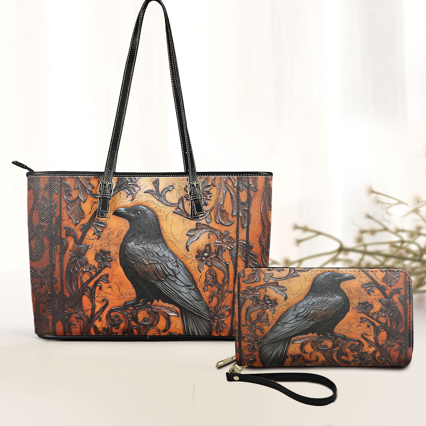 Vintage Gothic Raven Leather Handbag & Wallet Set - Dark Elegance in Gothic Style