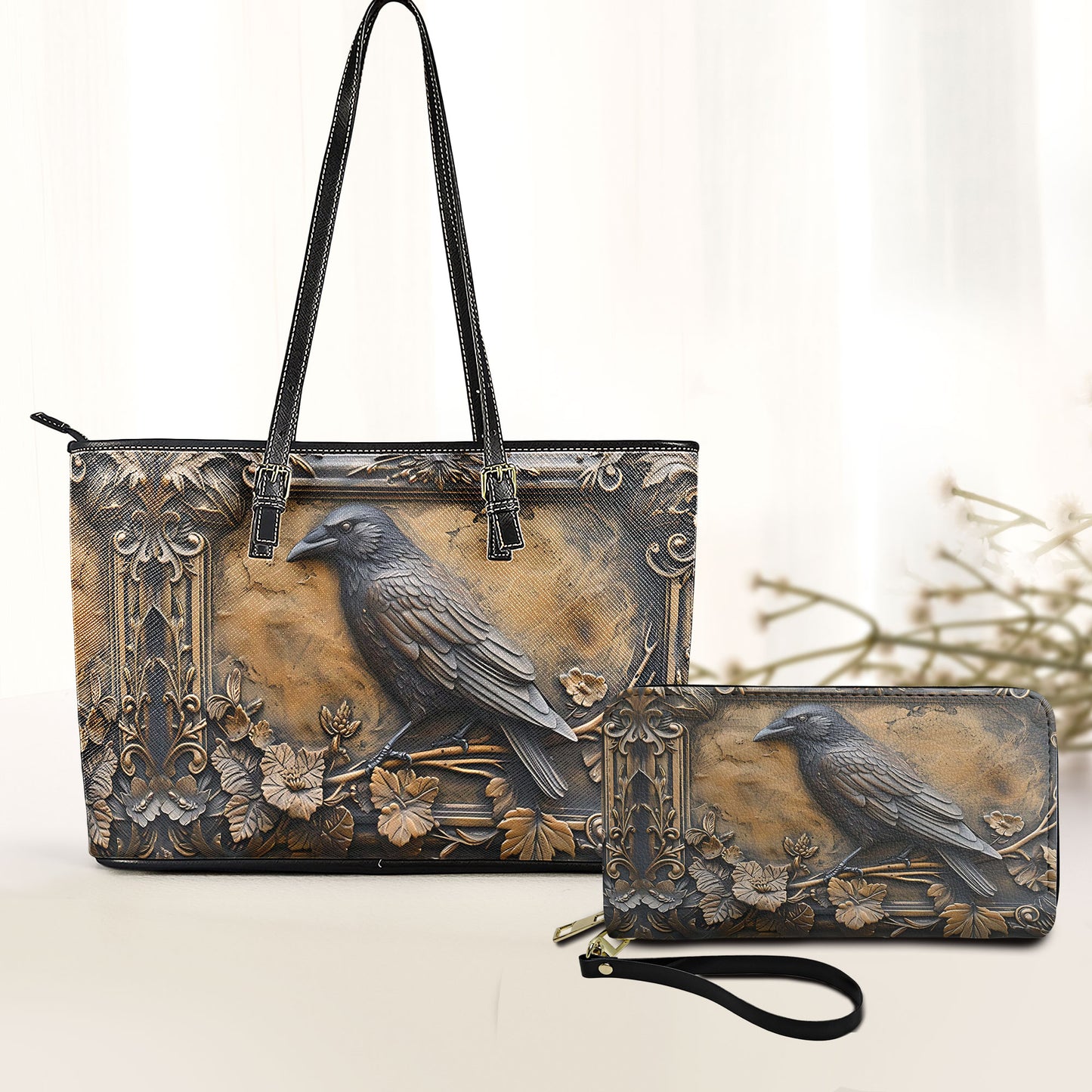 Vintage Gothic Raven Leather Handbag & Wallet Set – Mystical Elegance in Dark Style
