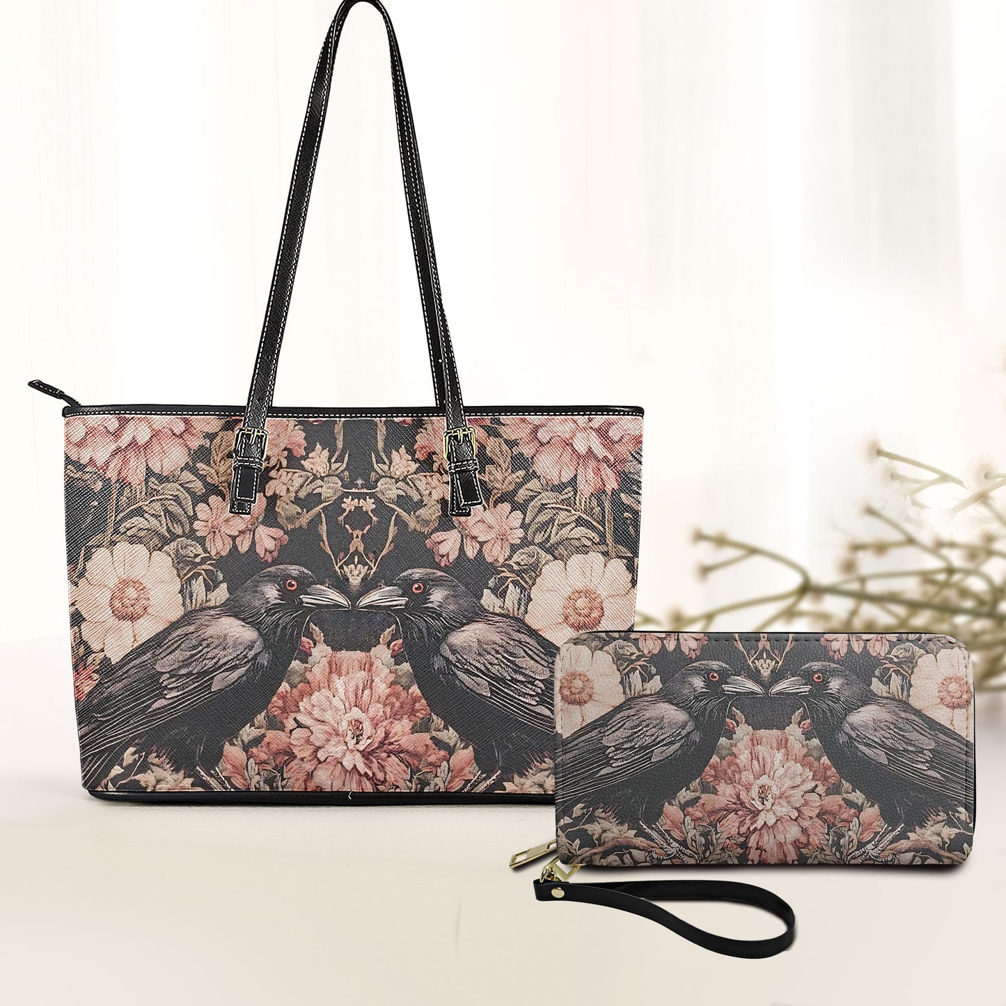 Gothic Raven & Floral Leather Handbag & Wallet Set – Vintage Dark Romance