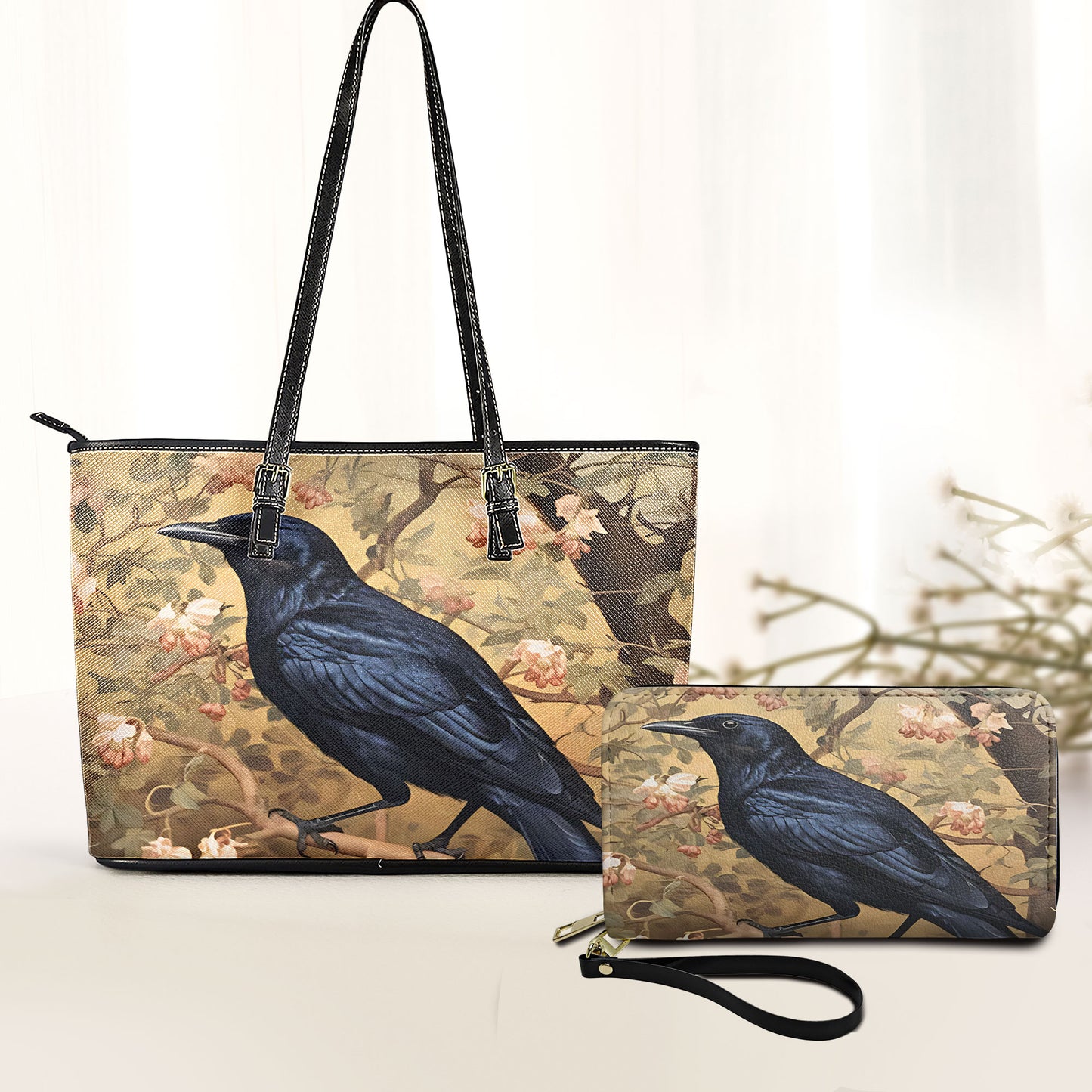Vintage Raven Leather Handbag & Wallet Set – Gothic Elegance with Floral Charm