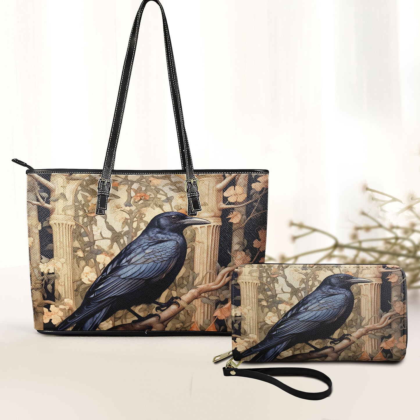 Gothic Raven Laether Handbag with Ancient Ruins Design