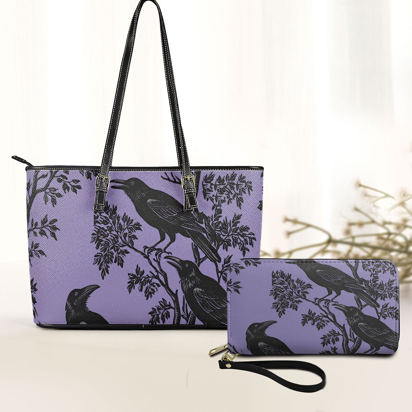 Purple Raven Leather Tote Bag with Matching Wallet – Gothic Aesthetic Handbag Set