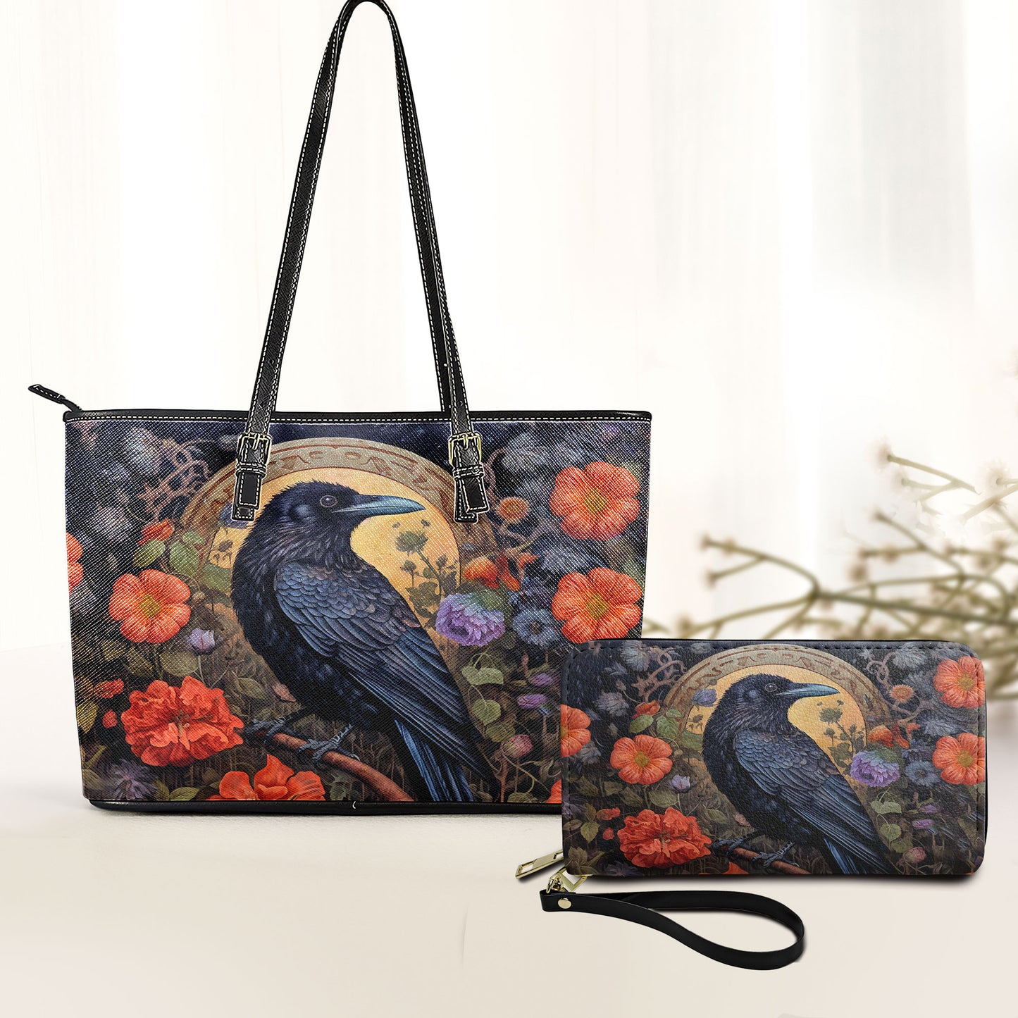 Nevermore Raven Leather Handbag & Wallet Set – Gothic Elegance in Bloom