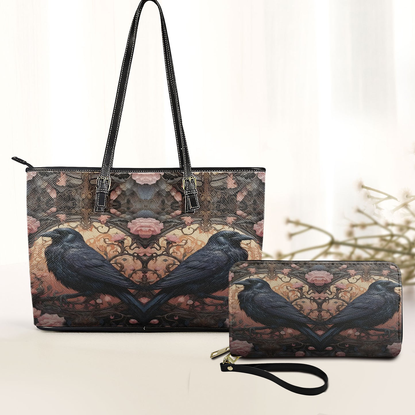 Gothic Raven Roses Leather Handbag & Wallet Set – Dark Romance Elegance