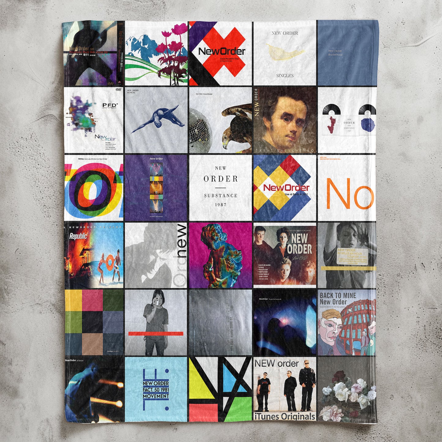 New Order Sherpa Blanket – Iconic Album Cover Collage for True Synth-Pop & Post-Punk Fans