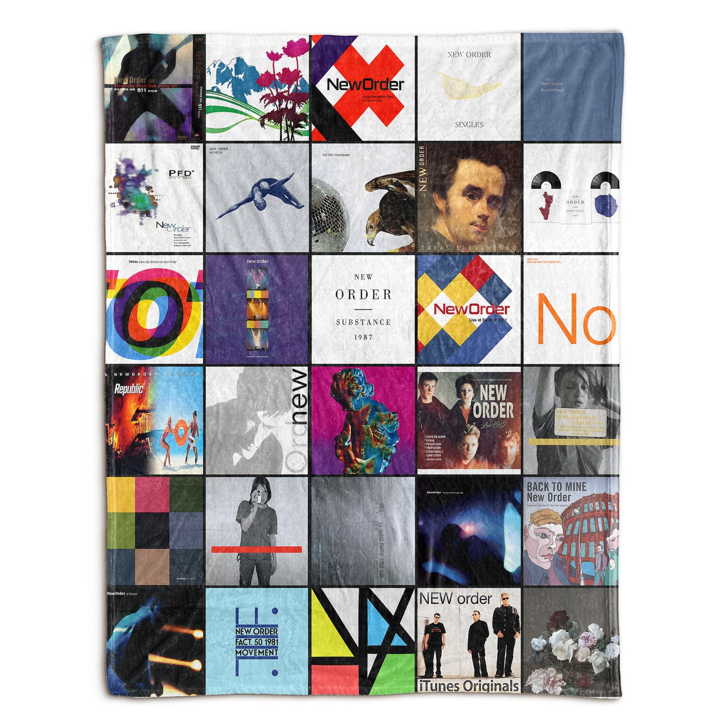 New Order Sherpa Blanket – Iconic Album Cover Collage for True Synth-Pop & Post-Punk Fans