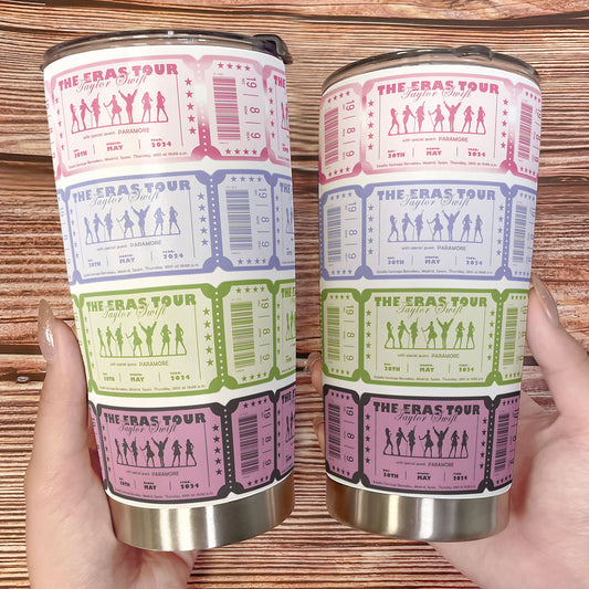Taylor Swift “The Eras Tour” Concert Ticket Tumbler – Colorful Collectible Design