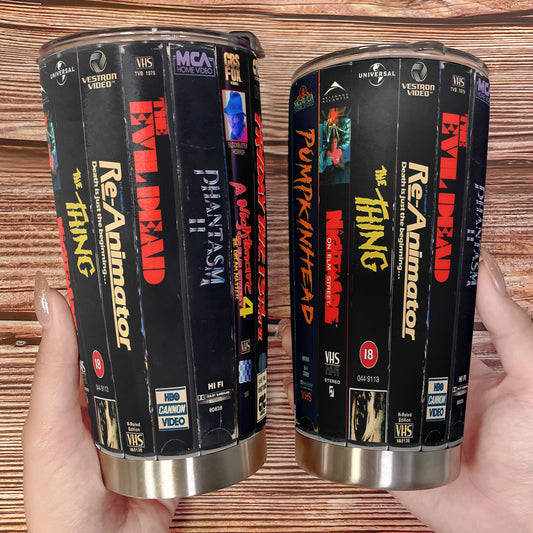 Classic VHS Horror Tumbler – 80s Slasher & Monster Madness Tumbler 20oz 40oz