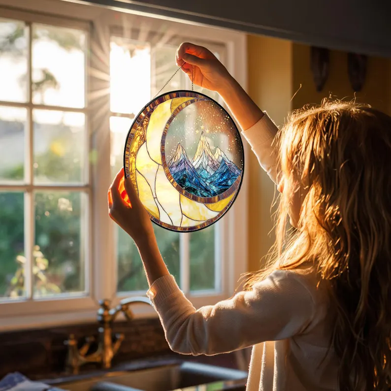 Velaris Stained Glass Suncatcher – Celestial Mountain Fantasy Scene