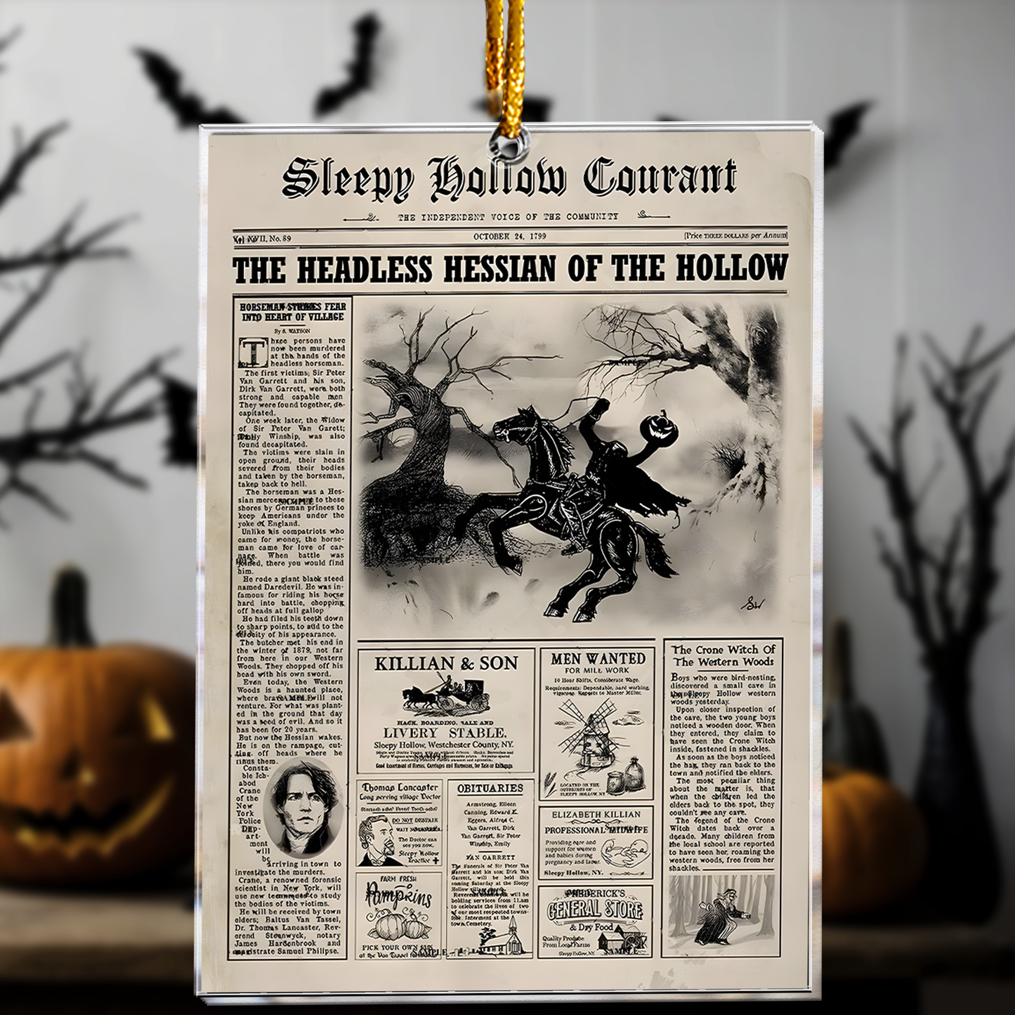 Sleepy Hollow Headless Horseman Newspaper Acrylic Ornament