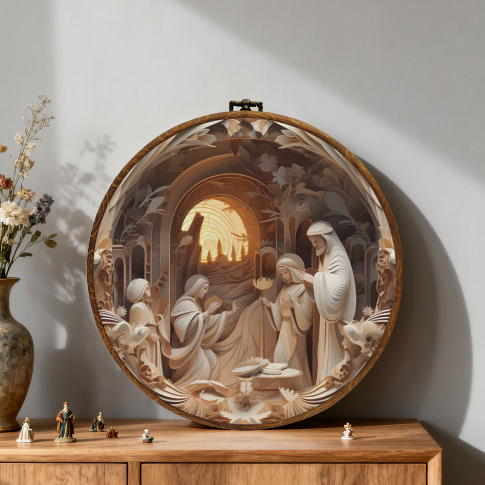 Nativity Scene Framed Round Wall Art – Paper Sculpture Style Holy Family Décor