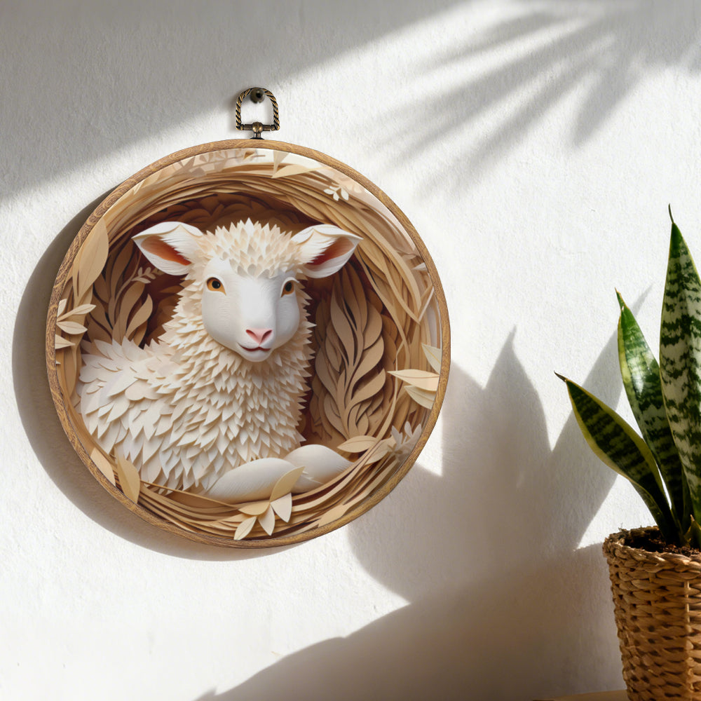 Lamb of Peace Framed Round Wall Art – Paper Sculpture Style Christian Home Décor