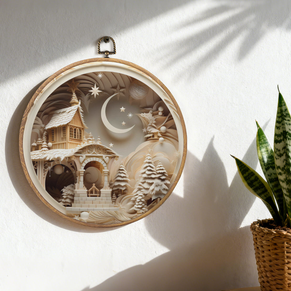 Silent Night Chapel Framed Round Wall Art – Paper Sculpture Style Christmas Décor