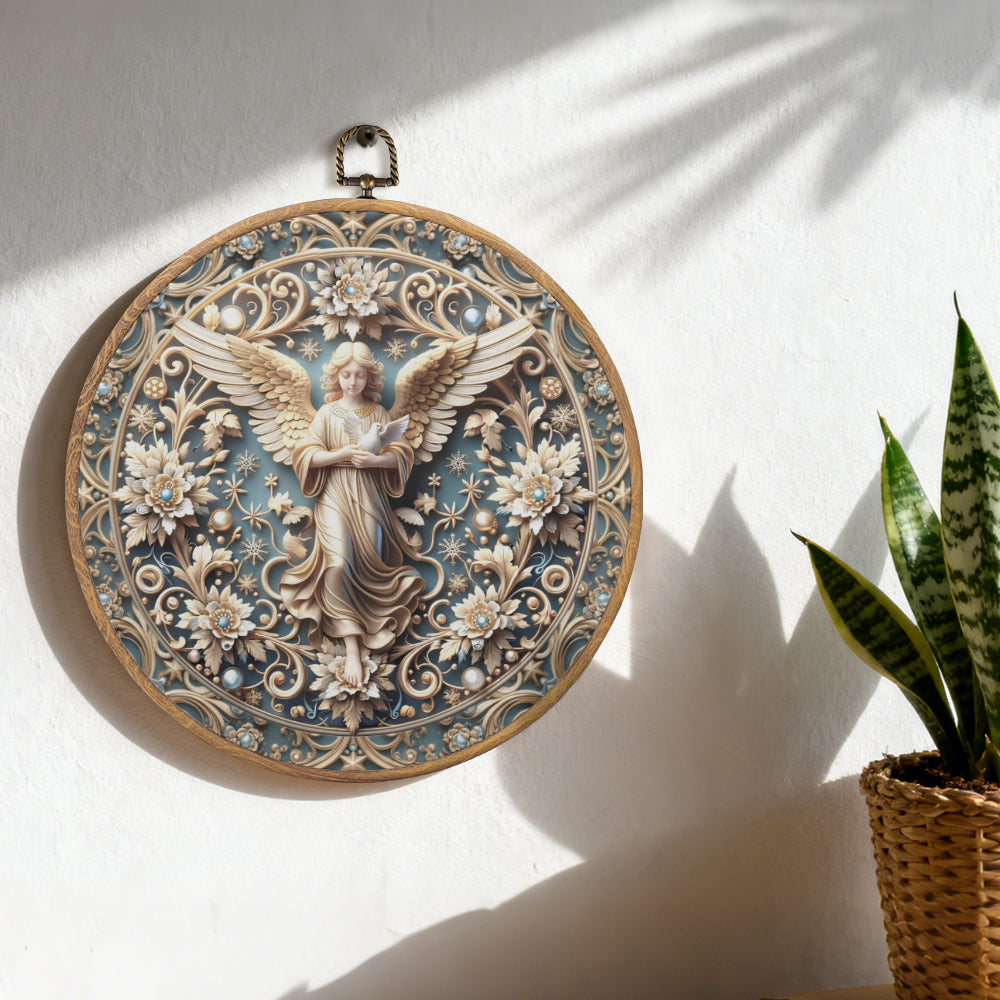 Heavenly Harmony Framed Round Wall Art – Paper Sculpture Style Angelic Décor