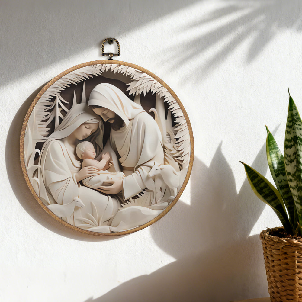 Holy Family Nativity Framed Round Wall Art – Paper Sculpture Style Christmas Décor