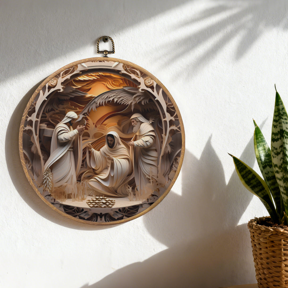 The Holy Family Framed Round Wall Art – Paper Sculpture Style Nativity Scene