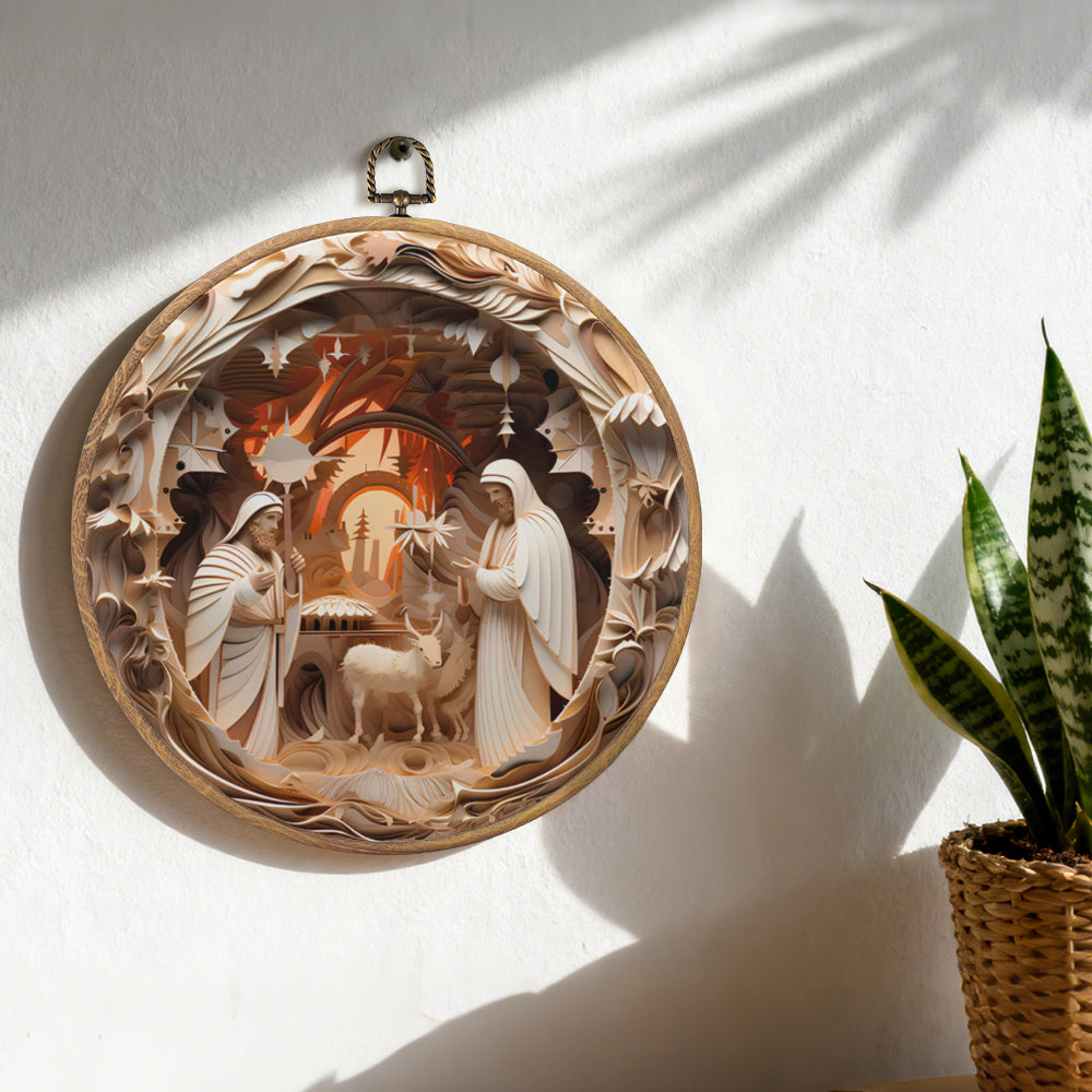 Nativity Blessing Framed Round Wall Art – Paper Sculpture Style Christmas Décor
