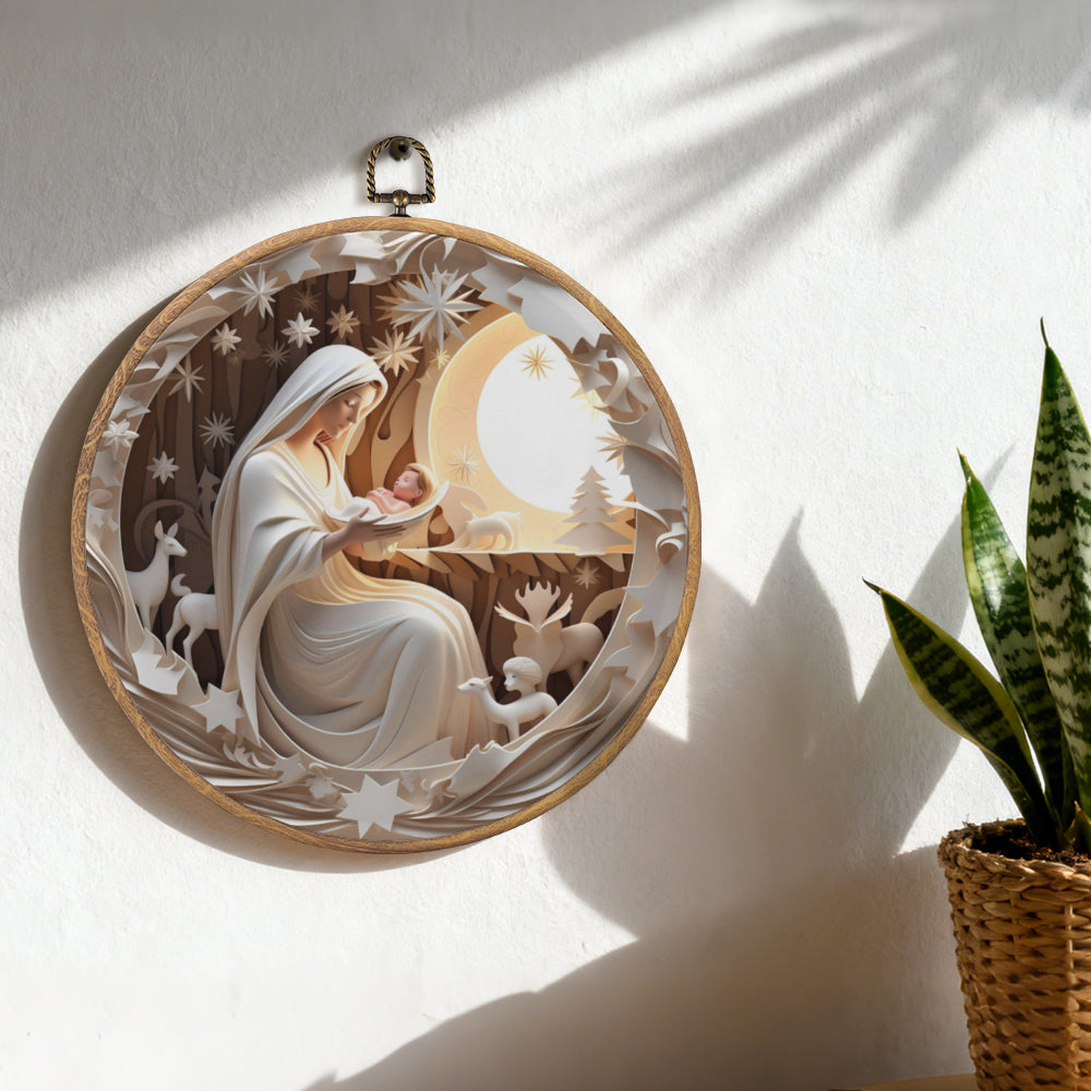 Holy Night Framed Round Wall Art – Paper Sculpture Style Nativity Scene Décor