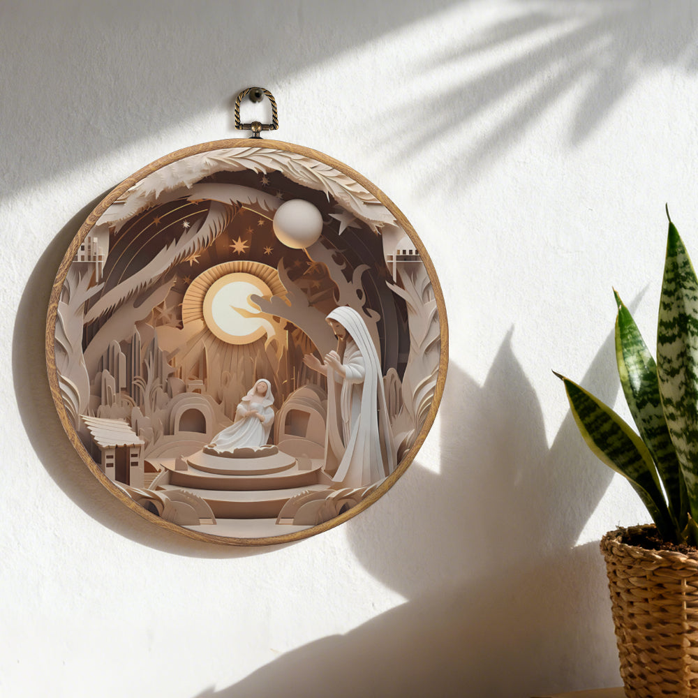 Holy Night Nativity Framed Round Wall Art – Paper Sculpture Style Christmas Decoration