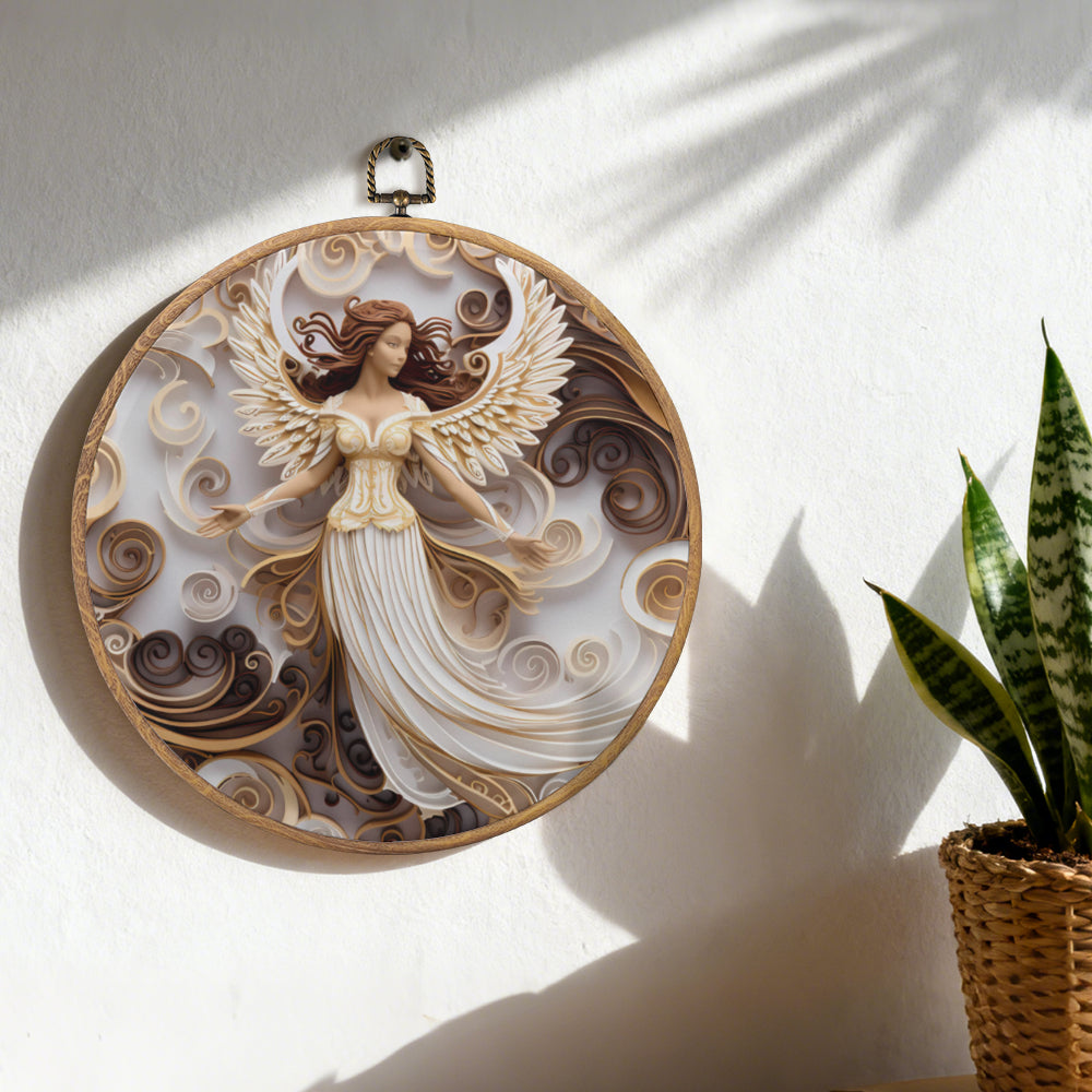 Heavenly Angel Framed Round Wall Art – Paper Sculpture Style Spiritual Home Décor